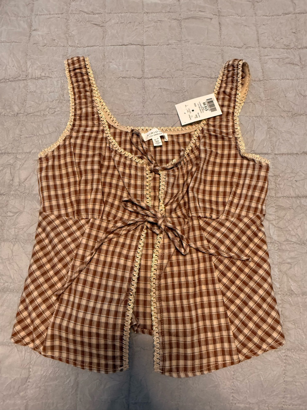 Brown Plaid Sleeveless Tie-Front Top with Lace Trim